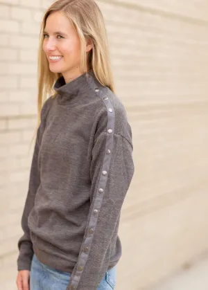 Charcoal Mock Neck Pullover With Side Button Detail - FINAL SALE