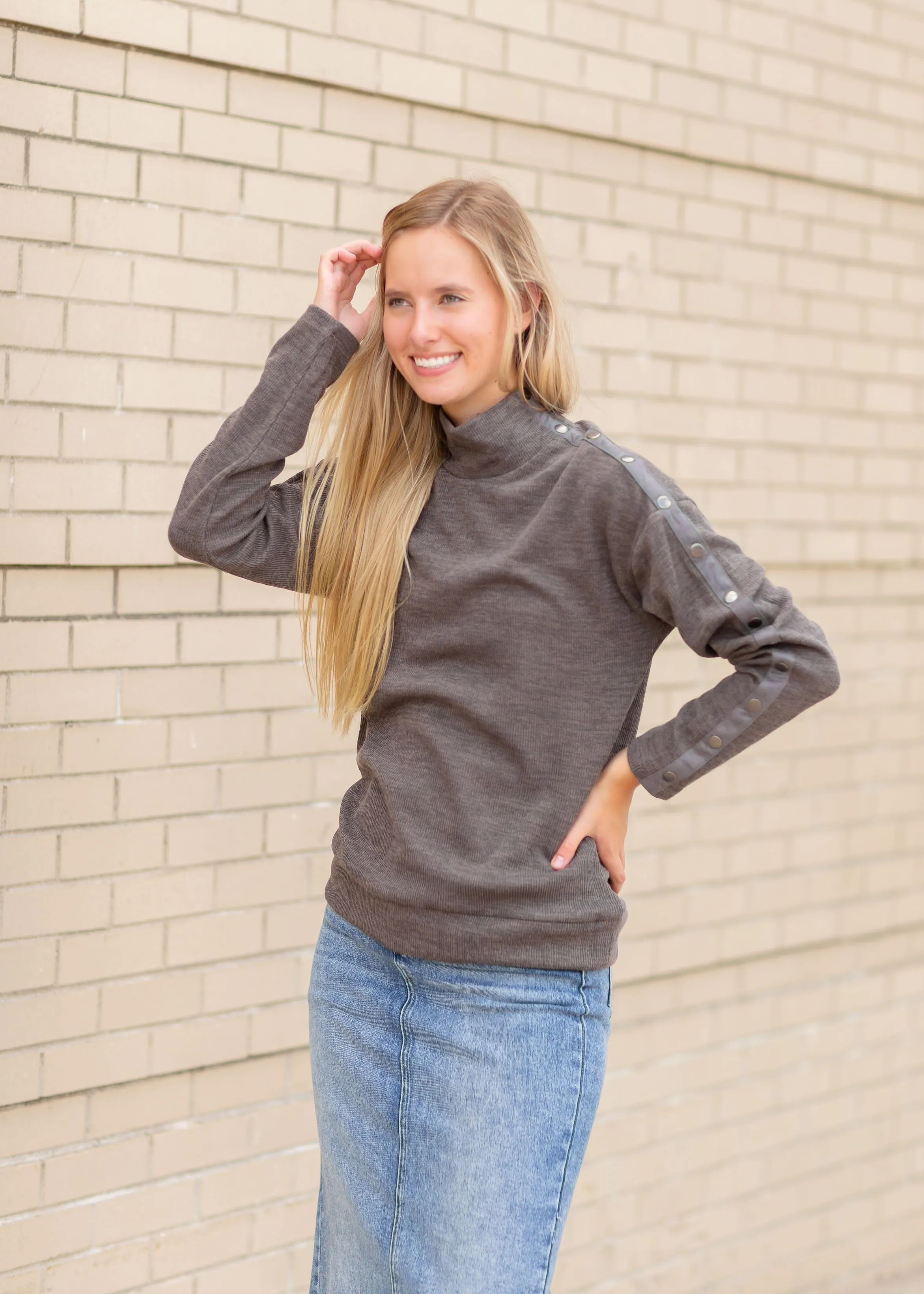 Charcoal Mock Neck Pullover With Side Button Detail - FINAL SALE