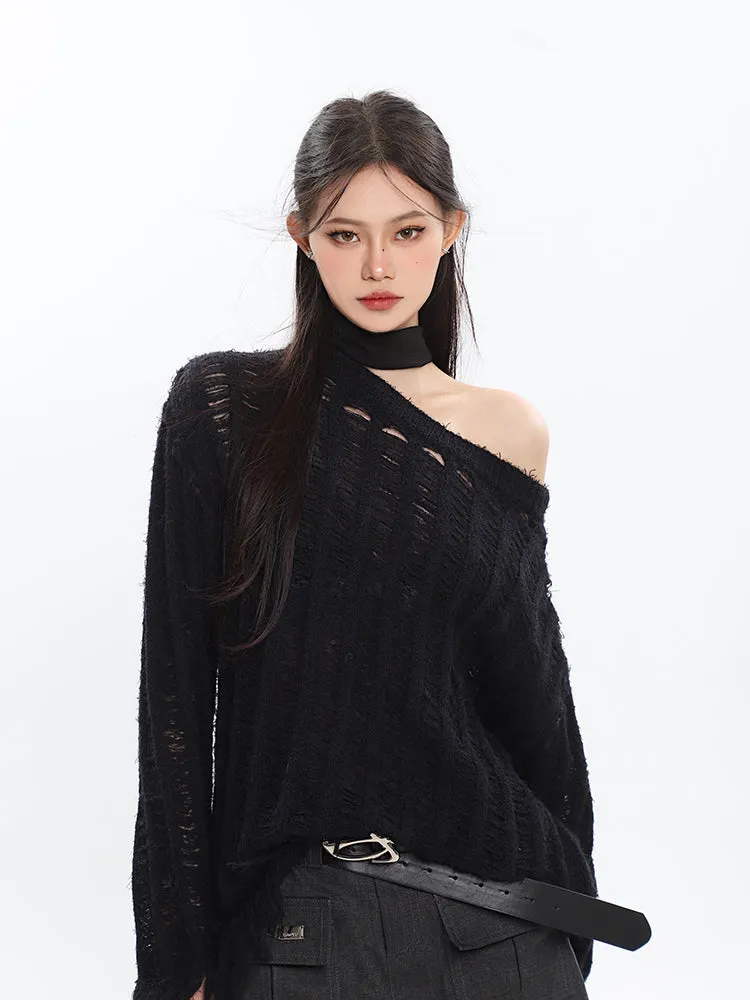 Christine Solid Color Knitted Distressed Turtleneck Cutout Long Sleeve Sweater Top