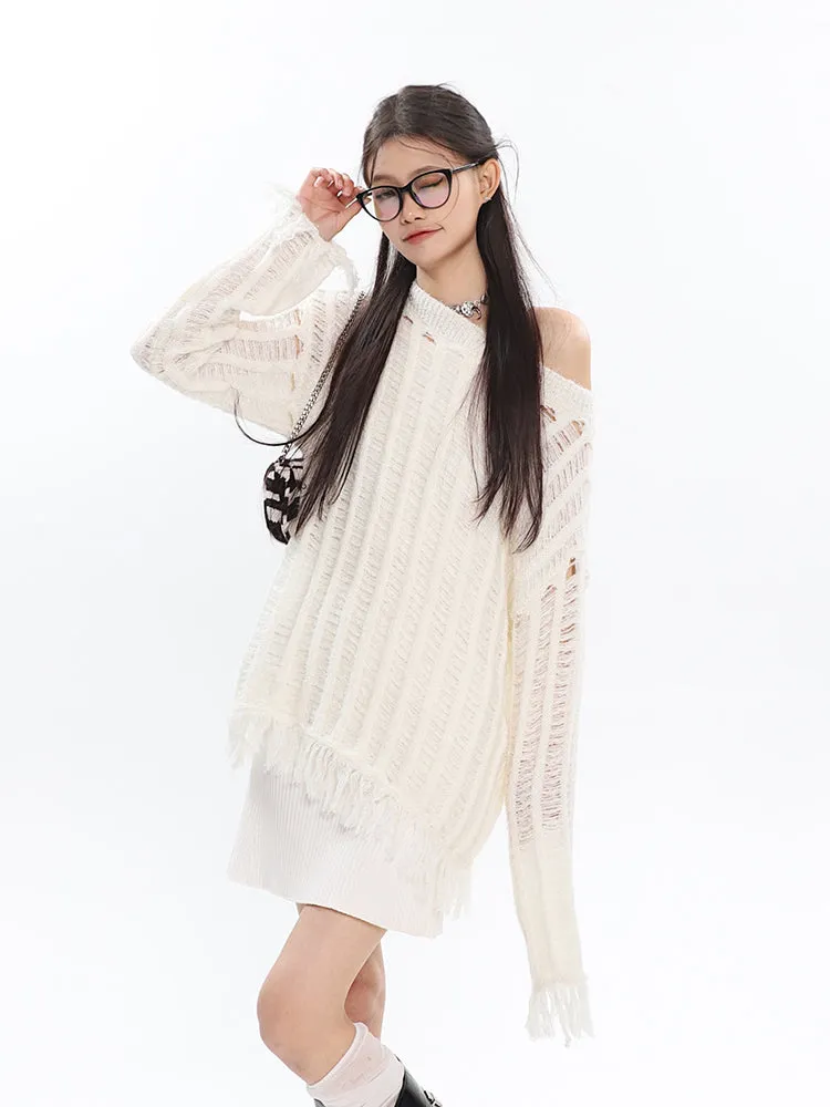 Christine Solid Color Knitted Distressed Turtleneck Cutout Long Sleeve Sweater Top