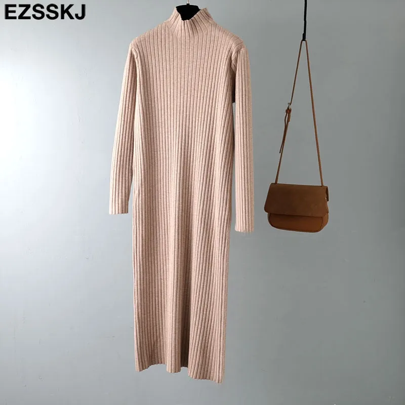 Christmas Gift Deanwangkt autumn winter thick straight maxi sweater dress women high neck long sweater dress elegant female loose  sexy knit dress