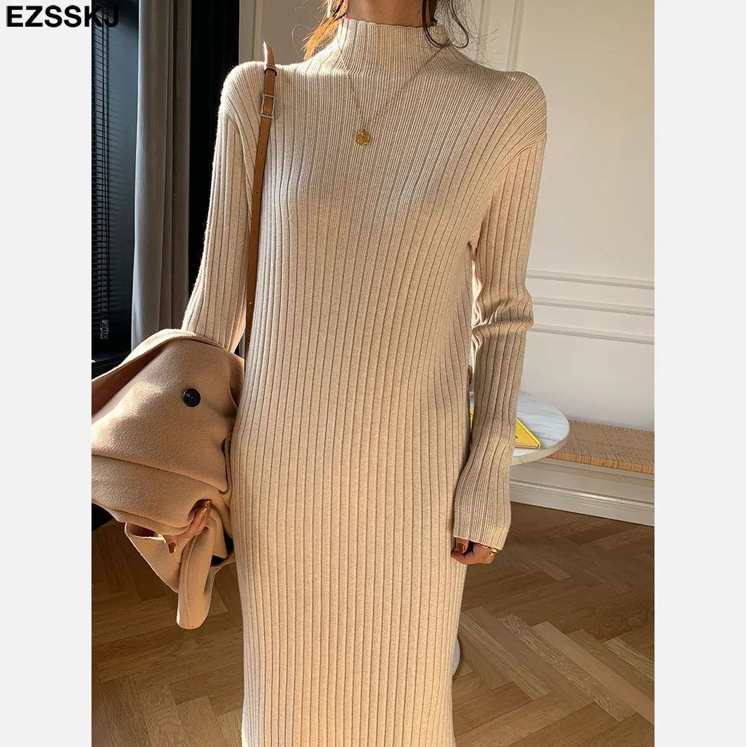 Christmas Gift Deanwangkt autumn winter thick straight maxi sweater dress women high neck long sweater dress elegant female loose  sexy knit dress