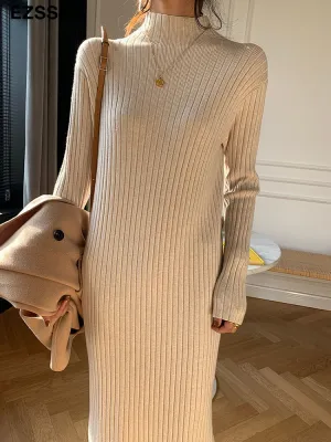 Christmas Gift Deanwangkt autumn winter thick straight maxi sweater dress women high neck long sweater dress elegant female loose  sexy knit dress