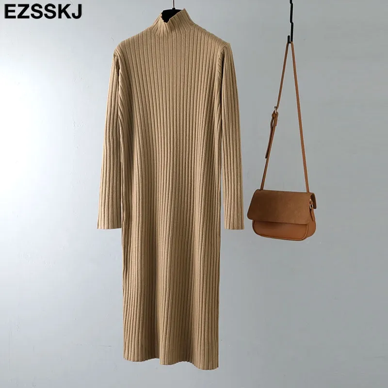 Christmas Gift Deanwangkt autumn winter thick straight maxi sweater dress women high neck long sweater dress elegant female loose  sexy knit dress