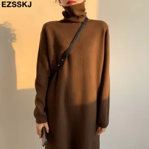 Christmas Gift Deanwangkt Casual autumn winter Pile collar thick maxi weater pullovers dress Women basic loose sweater female turtleneck long dress