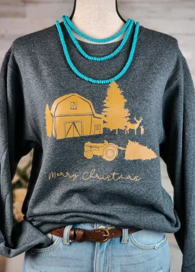 Dark Gray Merry Christmas Farm Pullover Sweatshirt