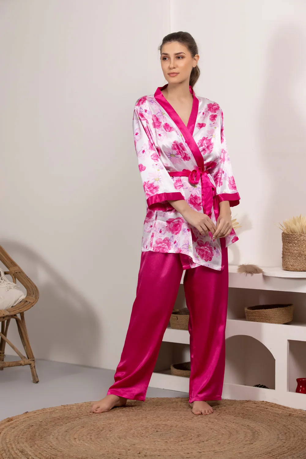 Floral Satin Night suit with Robe