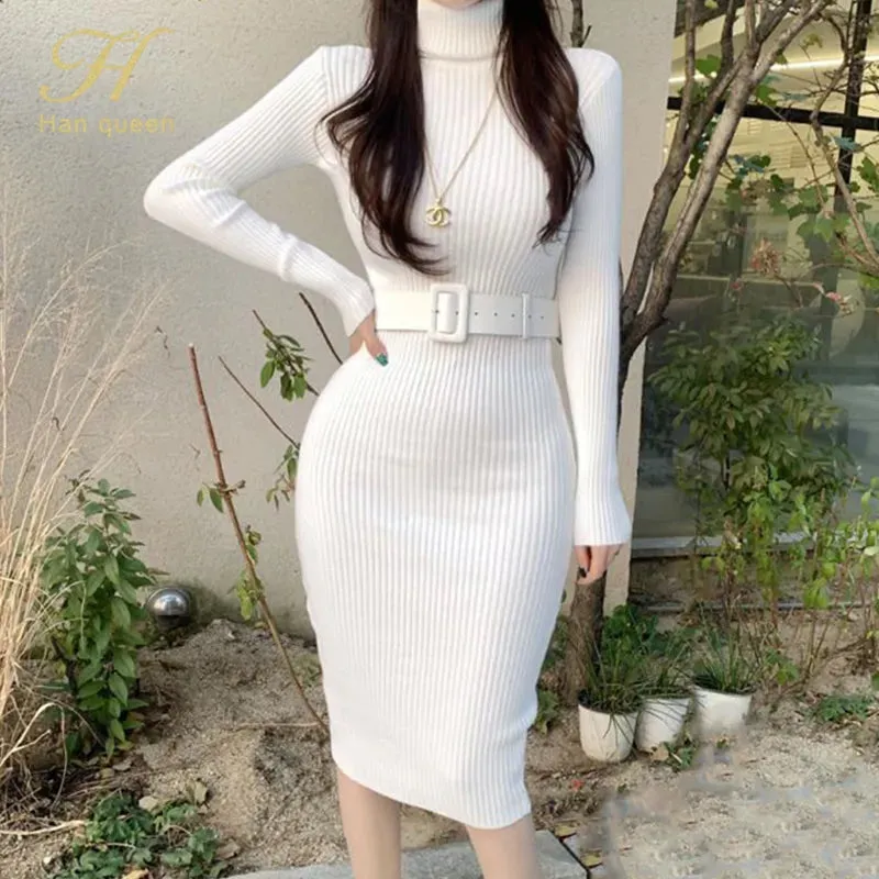 Getadme Knitted Bodycon Dress Bottoming Women Soft Elastic Turtleneck Sweater Autumn Winter Midi Party Dresses With Belt