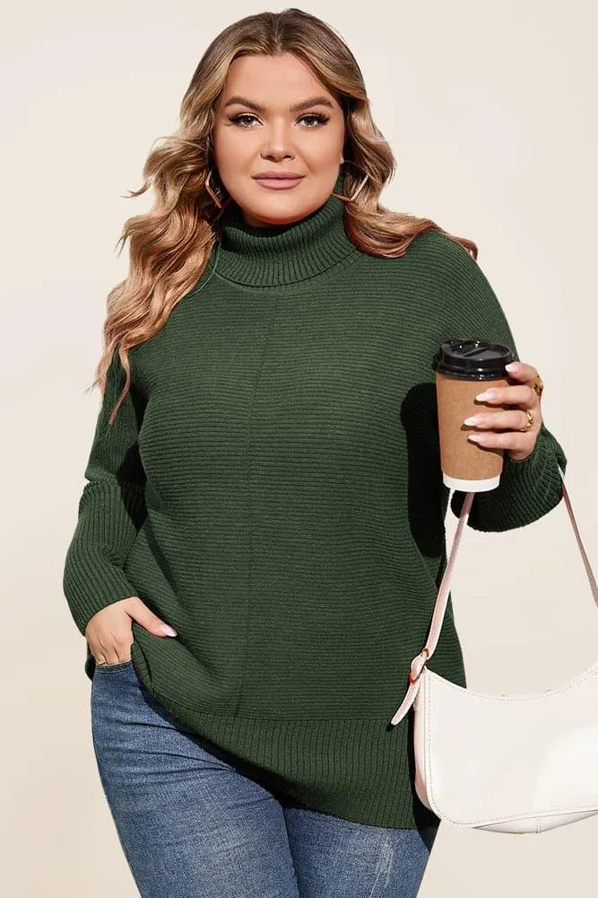 HN Women Plus Size Turtleneck Sweater Dropped Shoulder Side Slit Pullover