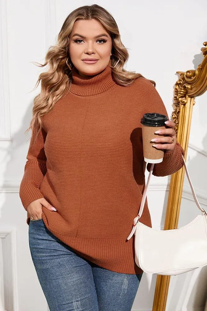 HN Women Plus Size Turtleneck Sweater Dropped Shoulder Side Slit Pullover