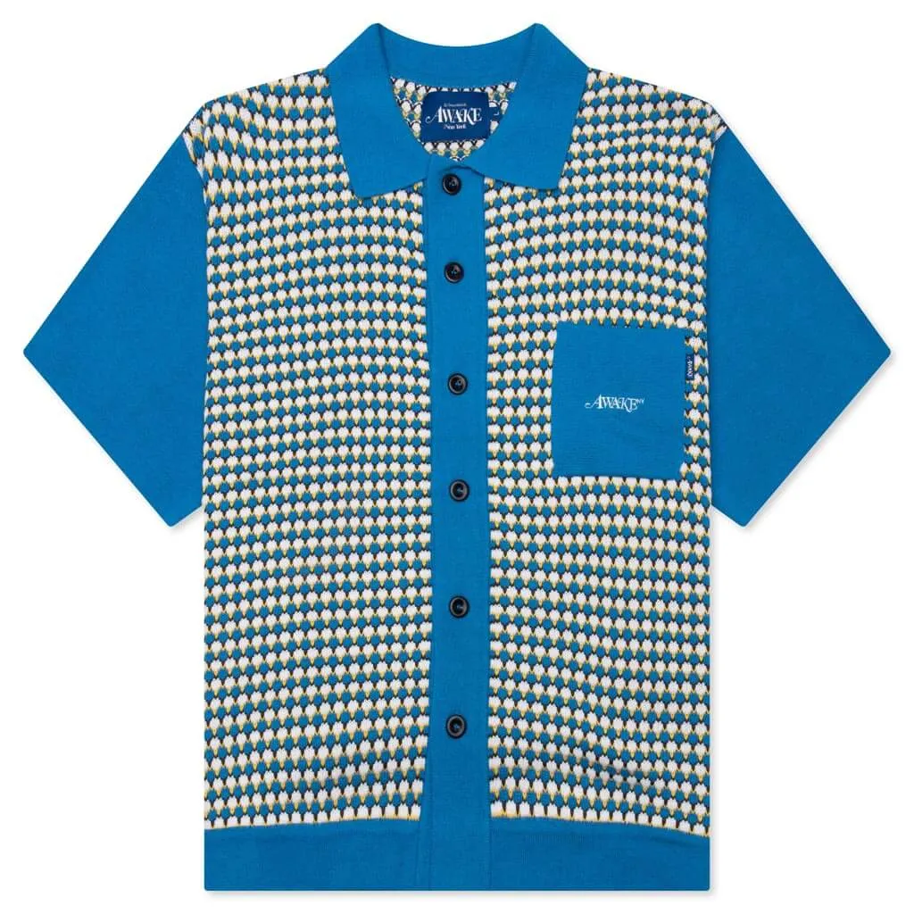 Knit Crochet S/S Button Down - Blue/Multi