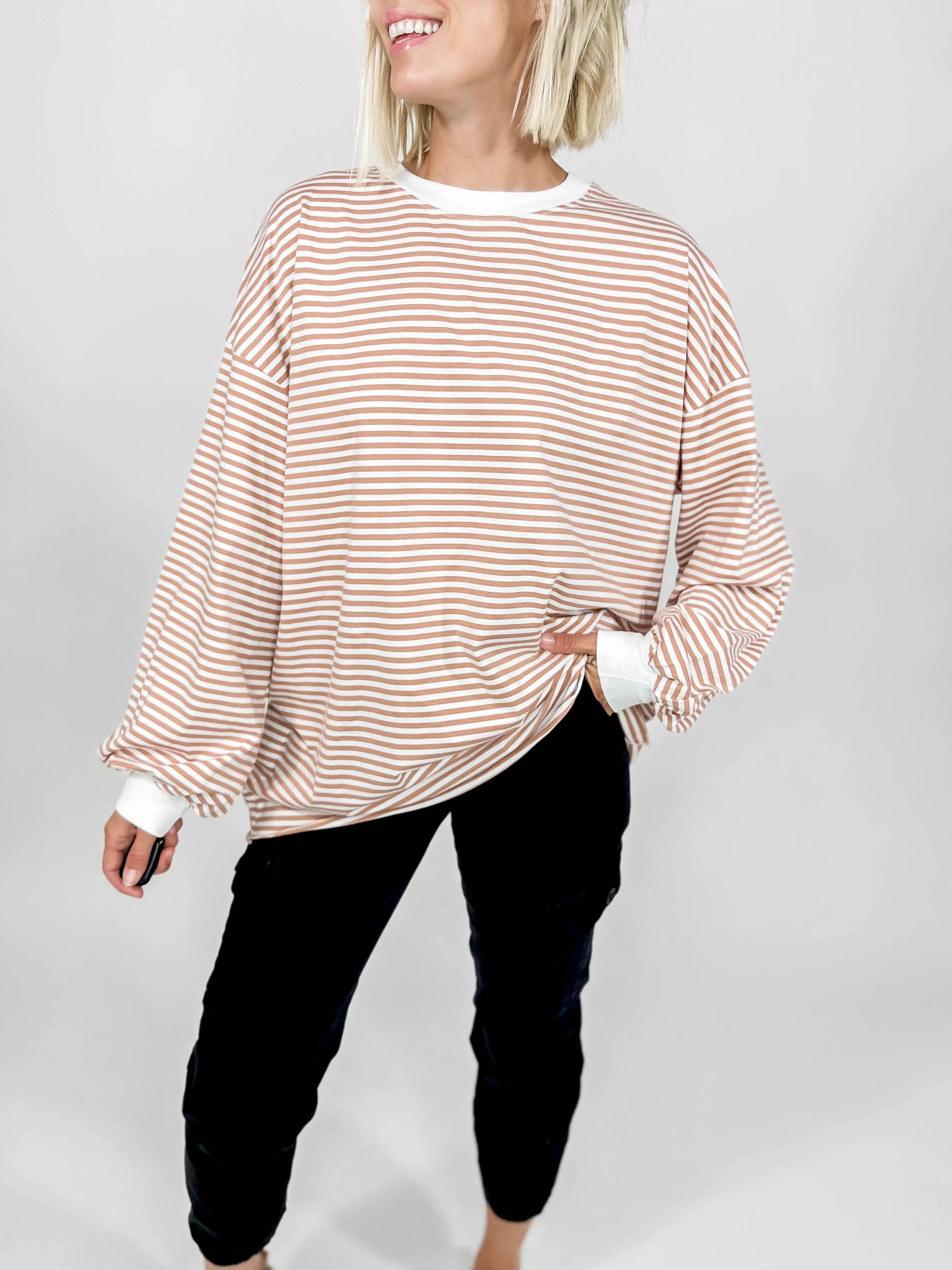 Kristy Crewneck Long Sleeve Pullover- LATTE