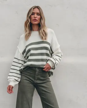 Olive and Cream Striped Pullover Sweater