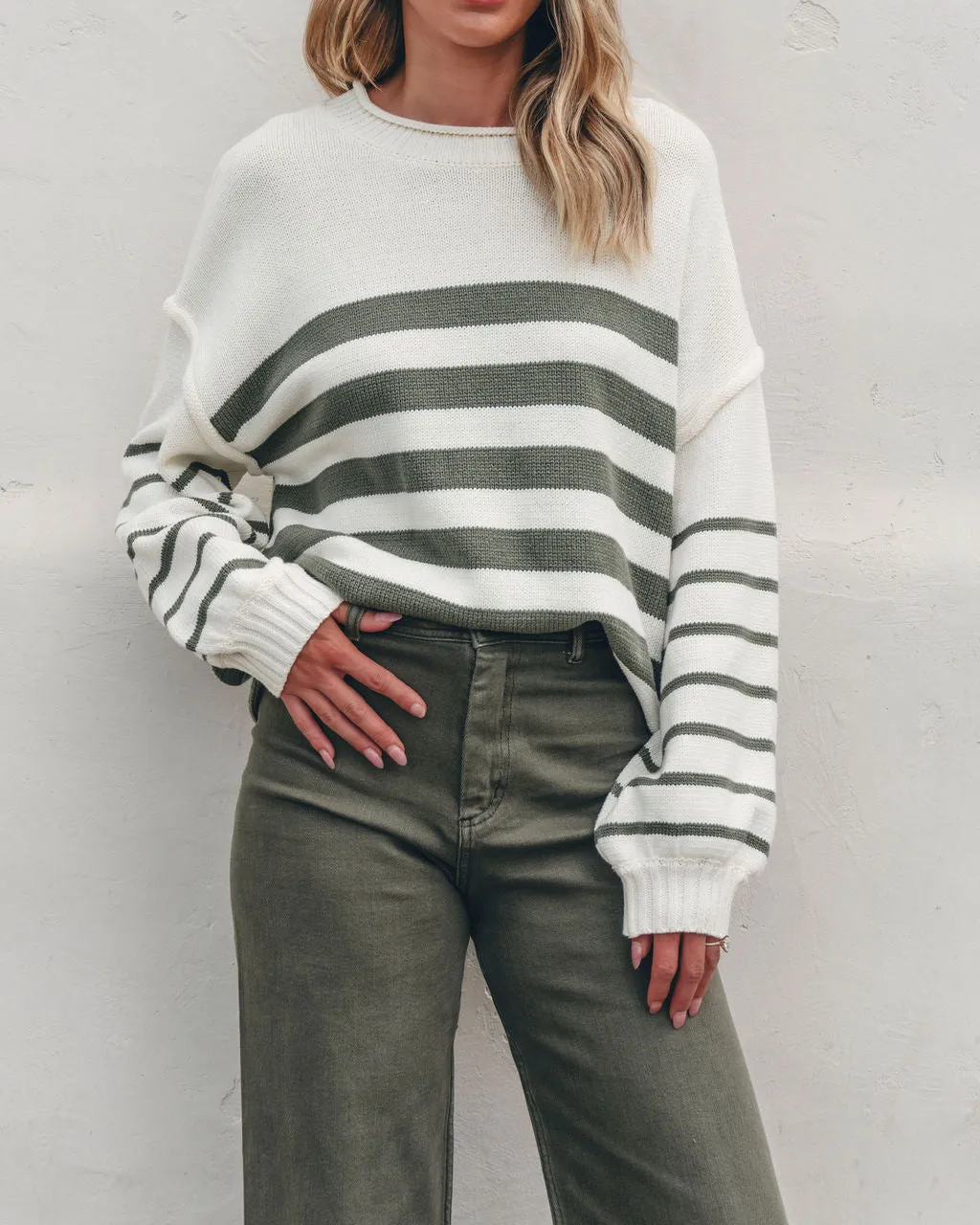 Olive and Cream Striped Pullover Sweater