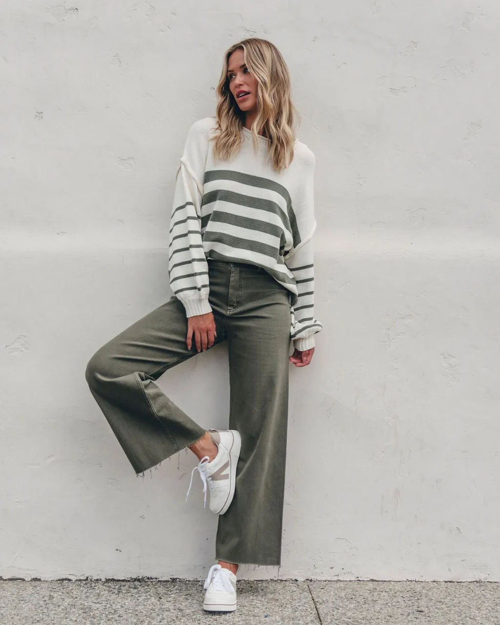 Olive and Cream Striped Pullover Sweater