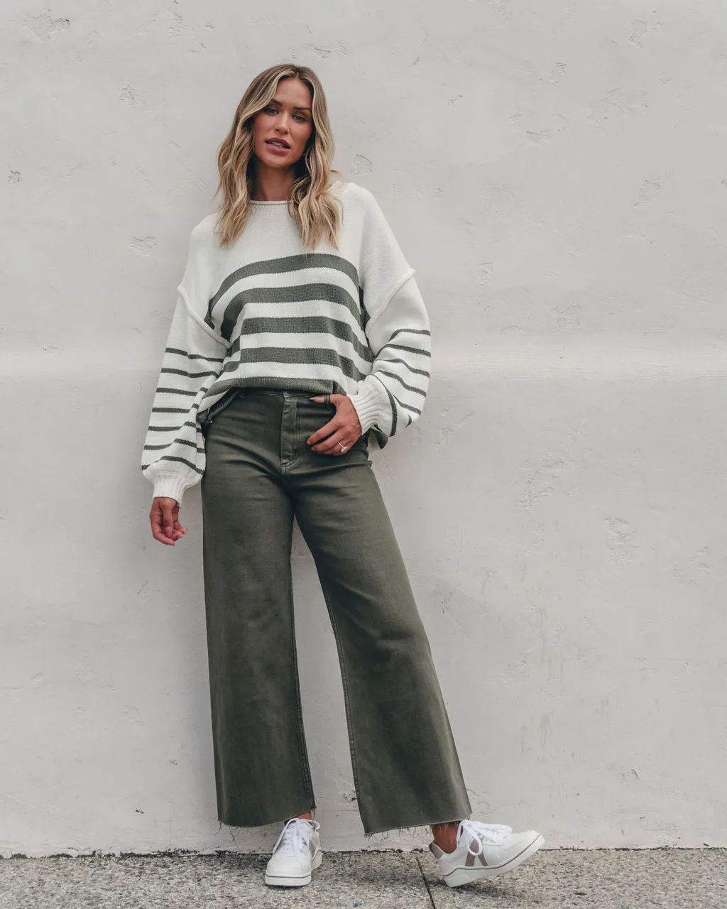 Olive and Cream Striped Pullover Sweater