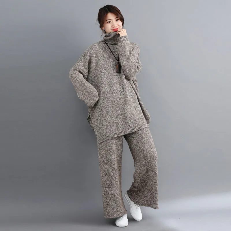 Plus Size Women Sets Winter Vintage Knitting Suit Big Size Lady Tops Long Pants Sweater Turtleneck Women Clothes