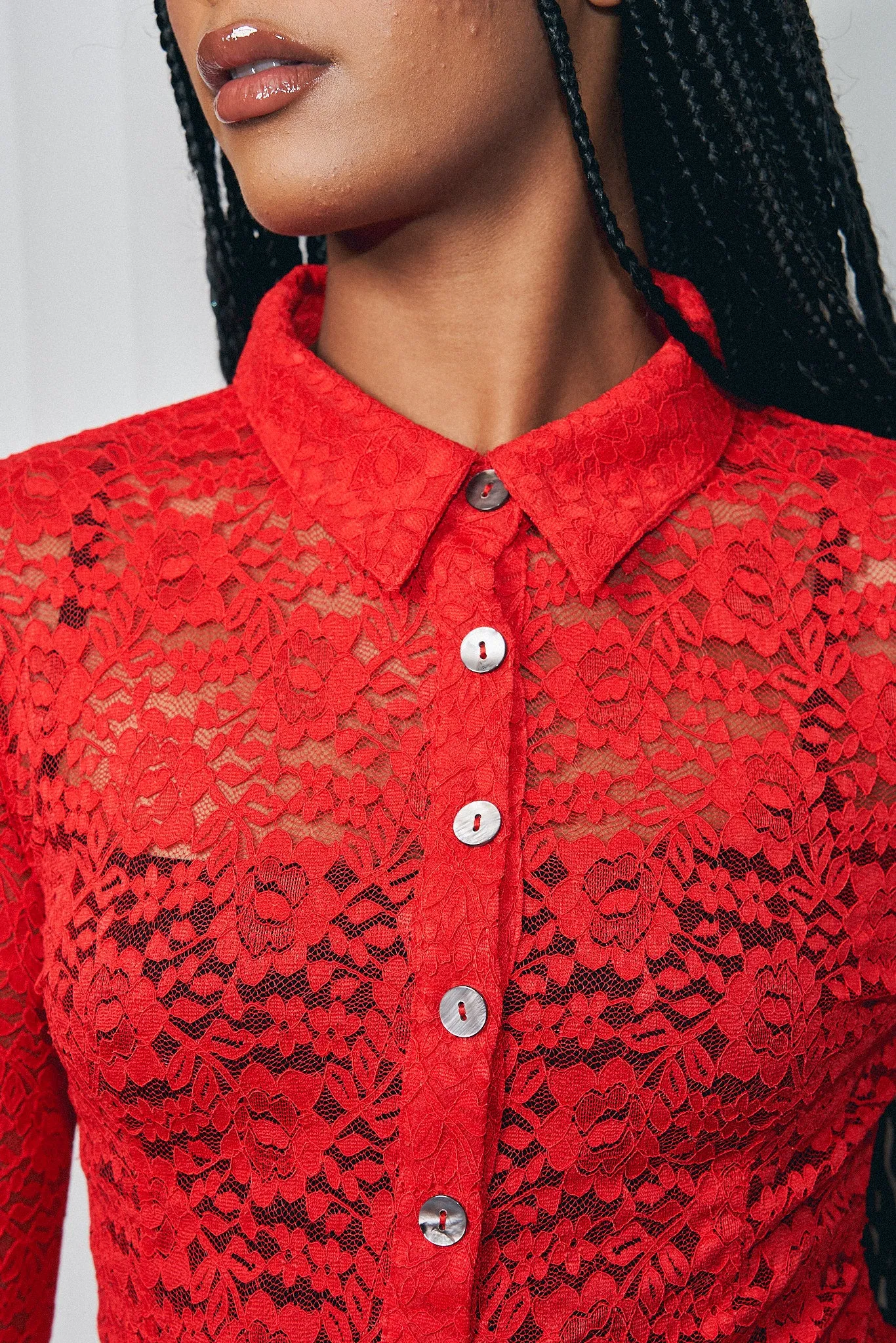 Red Rose Lace Button Down Long Sleeve