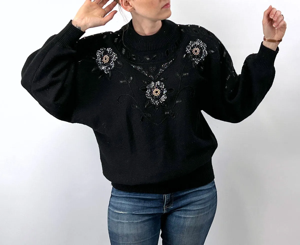 Women's 80s Gem Sweater Cropped 90s Pullover Hong Kong Beaded Sequinned Pearls Mariea Kim VFG